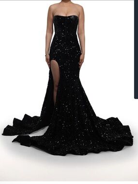 Strapless Black Sequin Mermaid Gown with High Slit